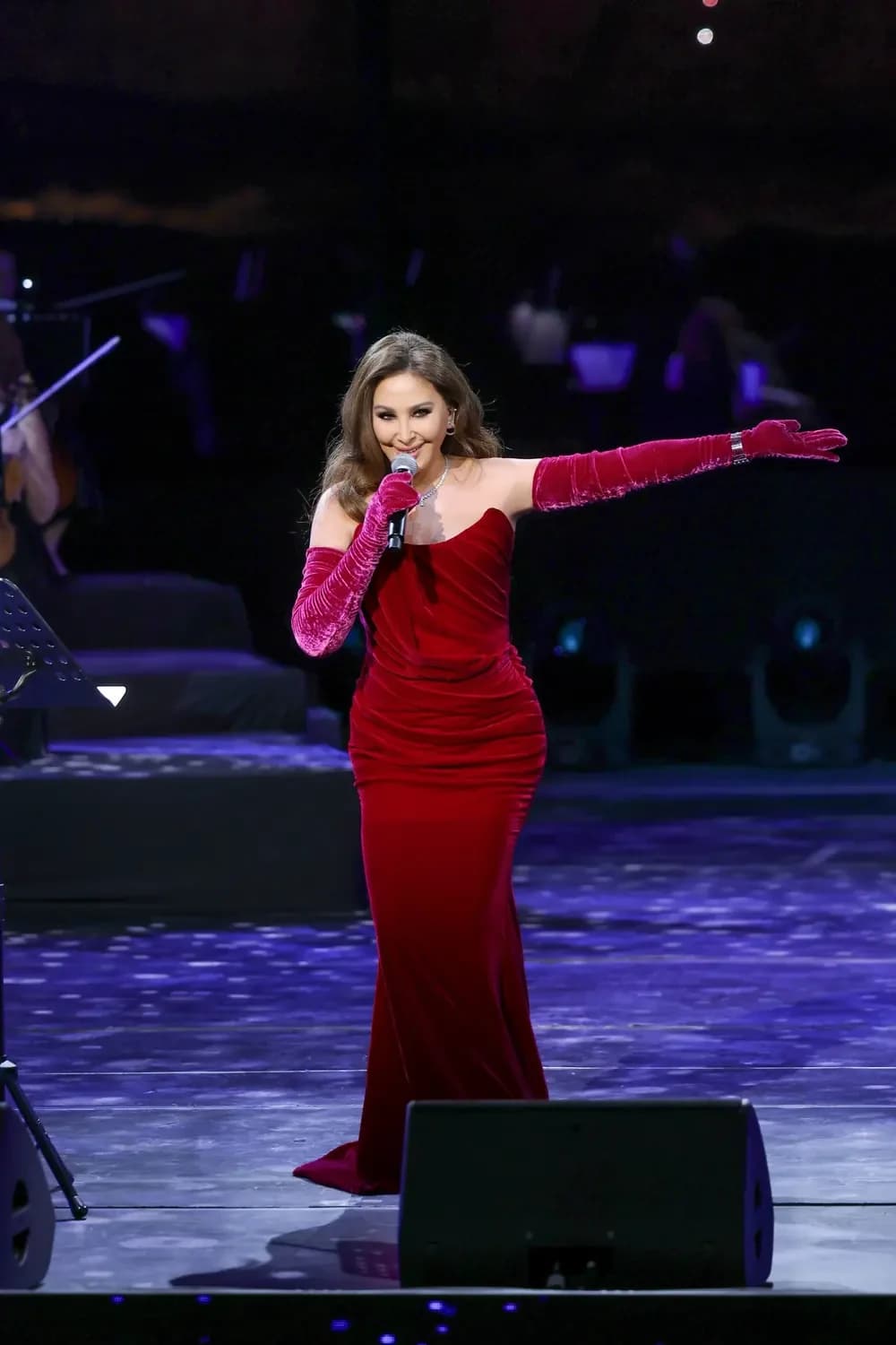 فستان مخمل ومكياج برونزي ..إليسا تتألّق باللون البرغندي في العُلا